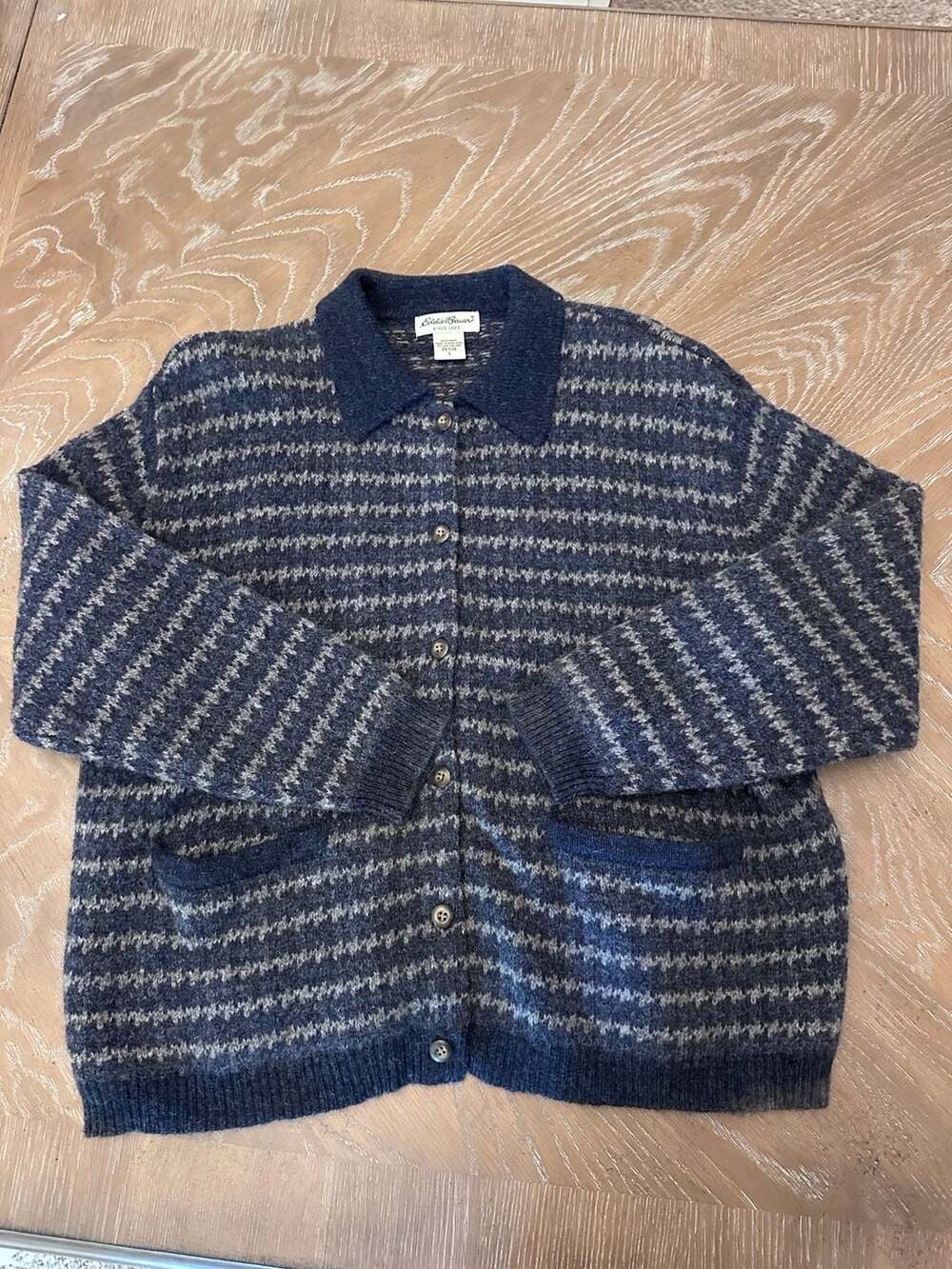 Vintage Eddie Bauer 100% Wool Houndstooth Collared Cardigan Sweater Petite L